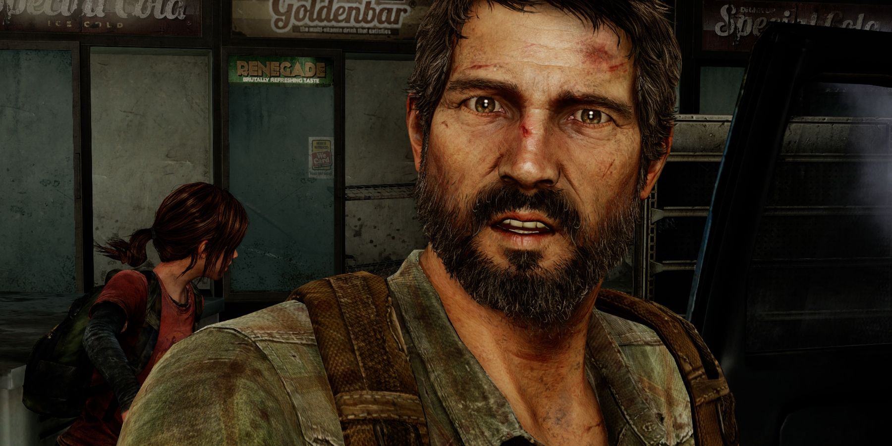 Joel looks surprised, as Ellie looks at the environment behind his back.