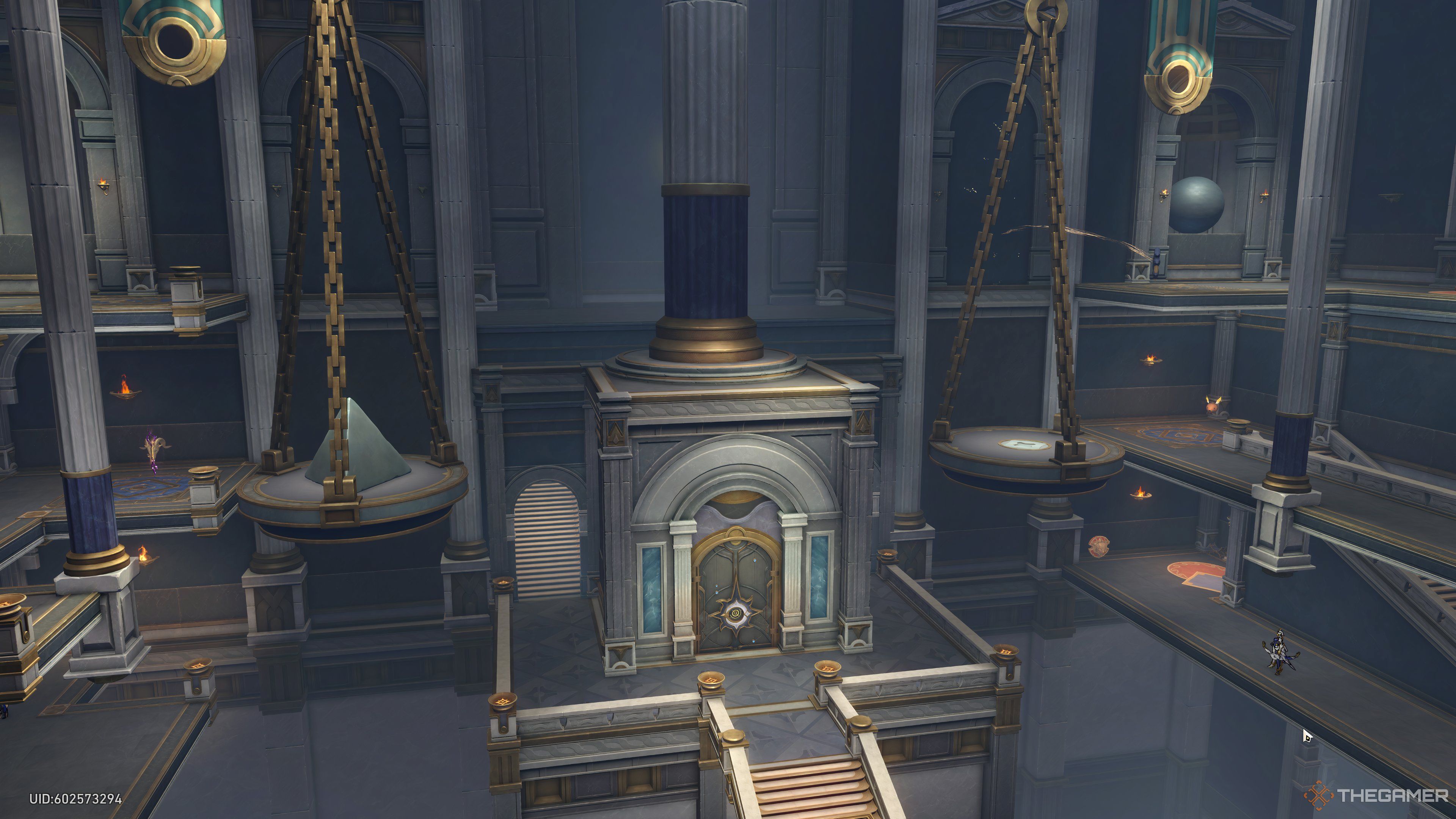 Scales in the Janusopolis shrine to Oronyx with a pyramid on the left in Honkai Star Rail.