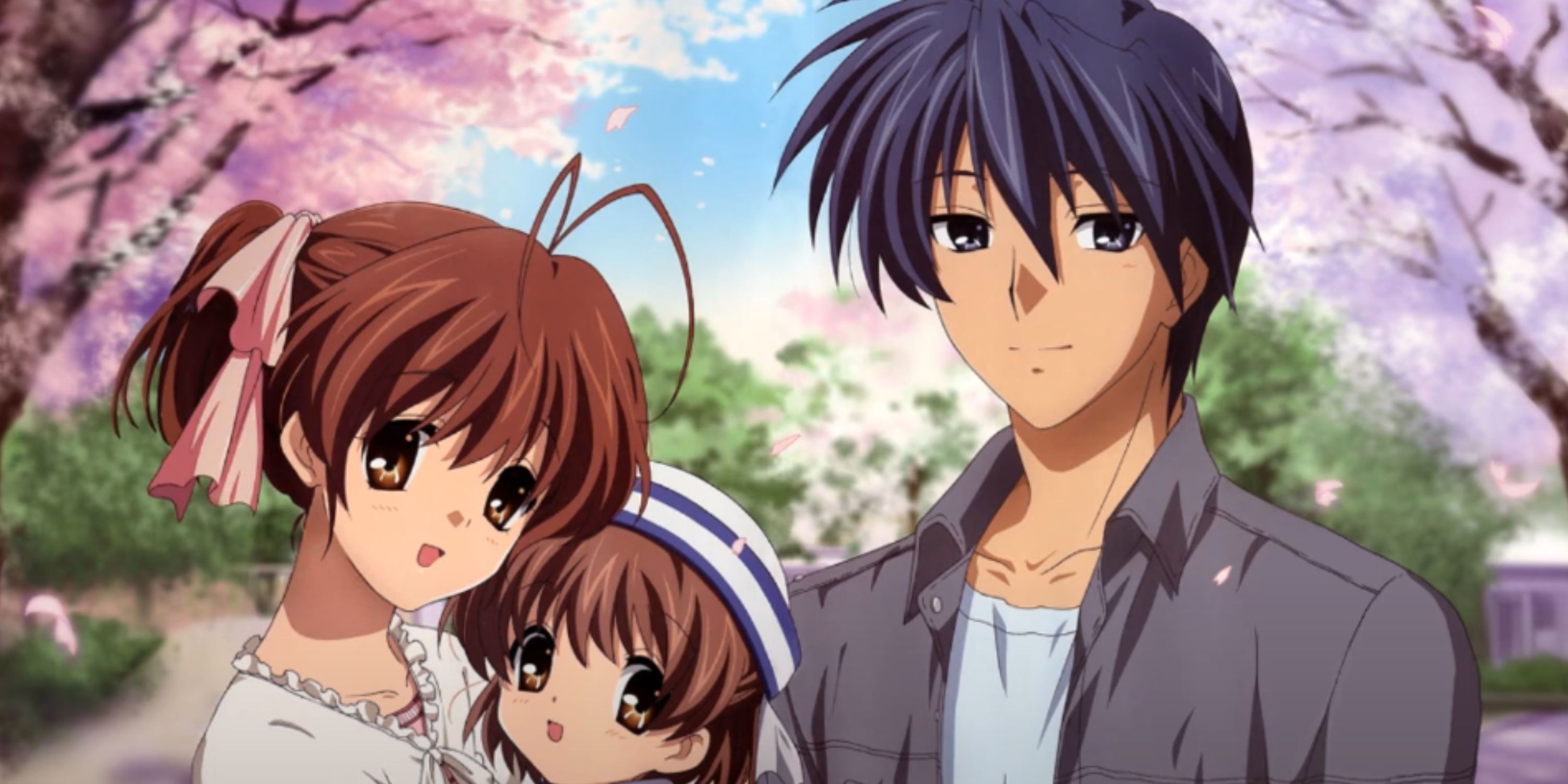 A picture showing Tomoya Okazaki and his wife Nagisa holding their daughter Ushio.