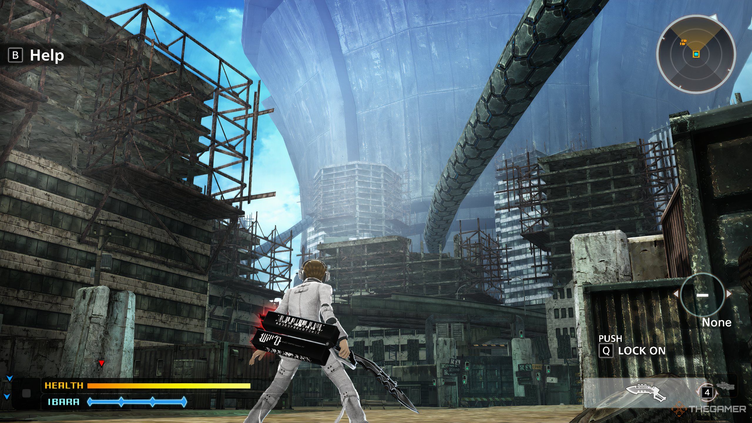 The Protagonist looking at the giant buildings in Freedom Wars: Remastered.