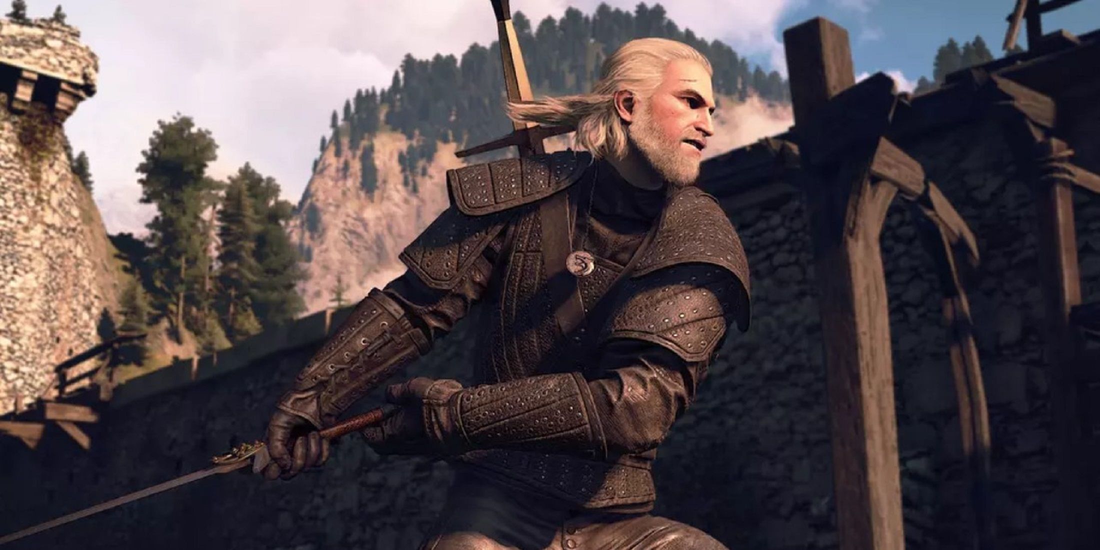 Geralt in armor swinging sword in The Witcher 3