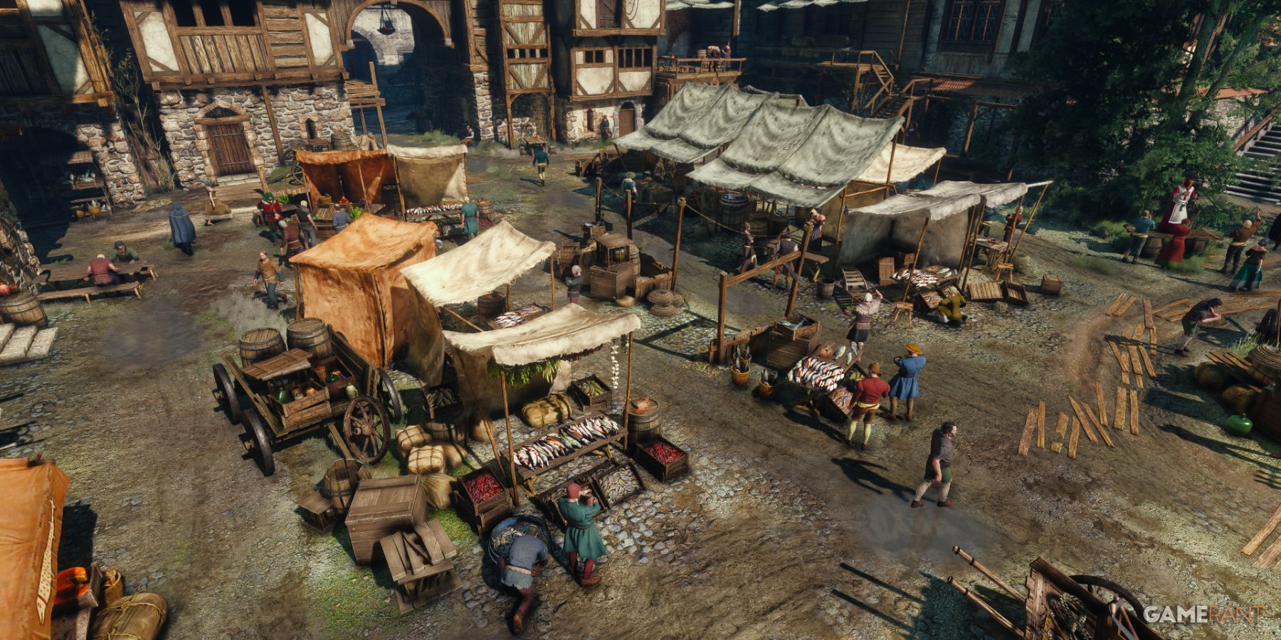 A vibrant market square in Novigrad, showcasing various vendor stalls in The Witcher 3