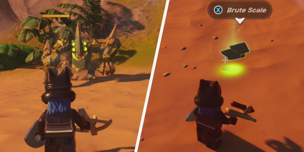 Lego Fortnite Odyssey: Left: fighting with Brute, right: Standing in front of Brute Scale dropped after defeating the brute.