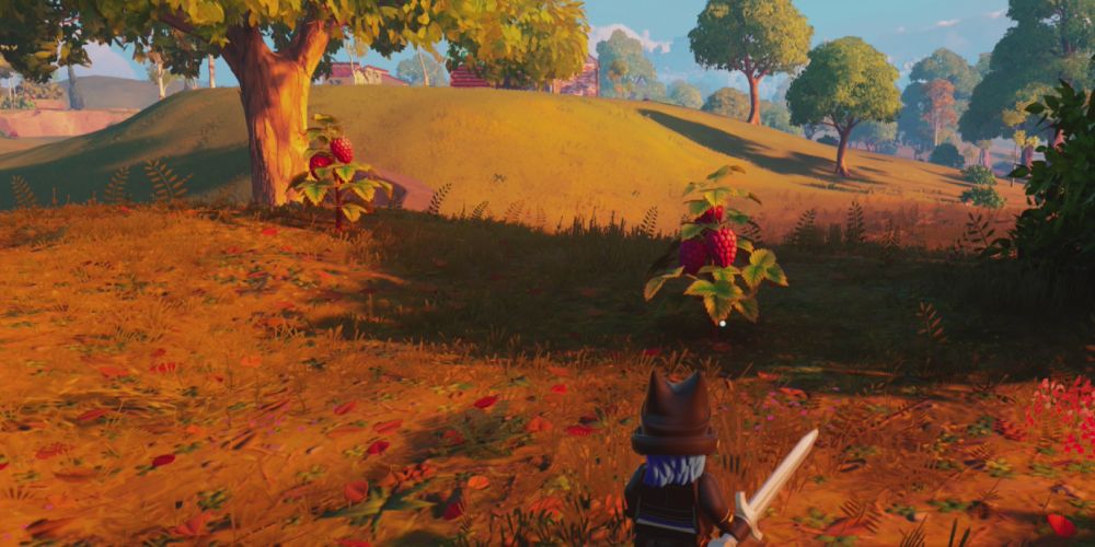 Lego Fortnite Odyssey: Standing in front of some raspberry bushes.