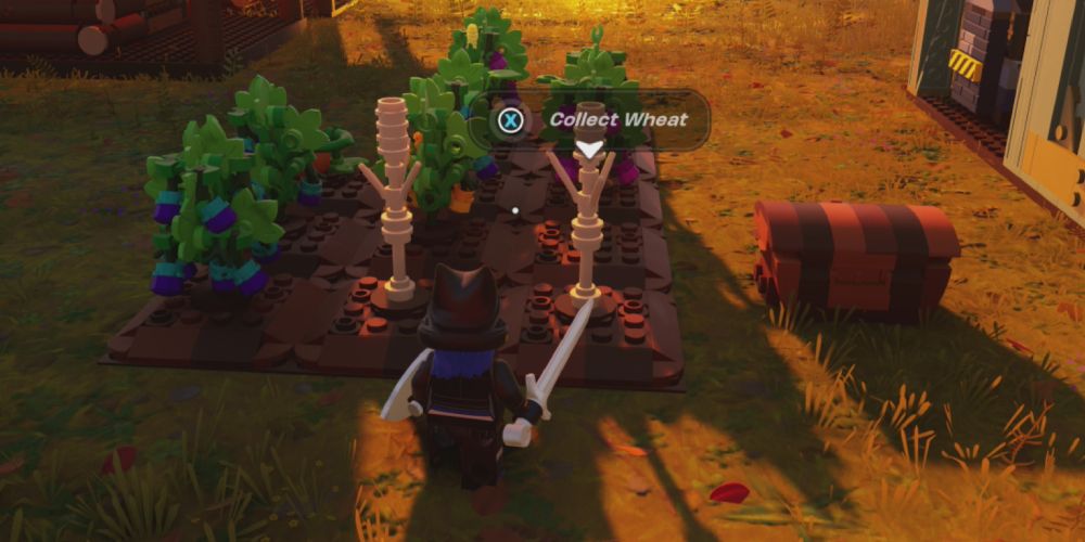 Lego Fortnite Odyssey: Standing in front of Wheat plots.