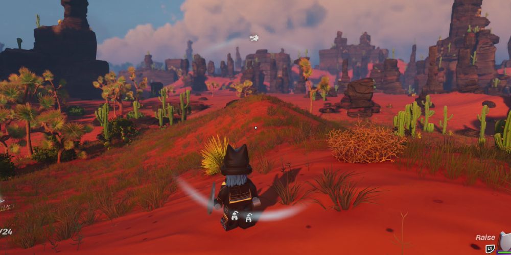 Lego Fortnite Odyssey: Standing, looking at the Dry Valley landscape.