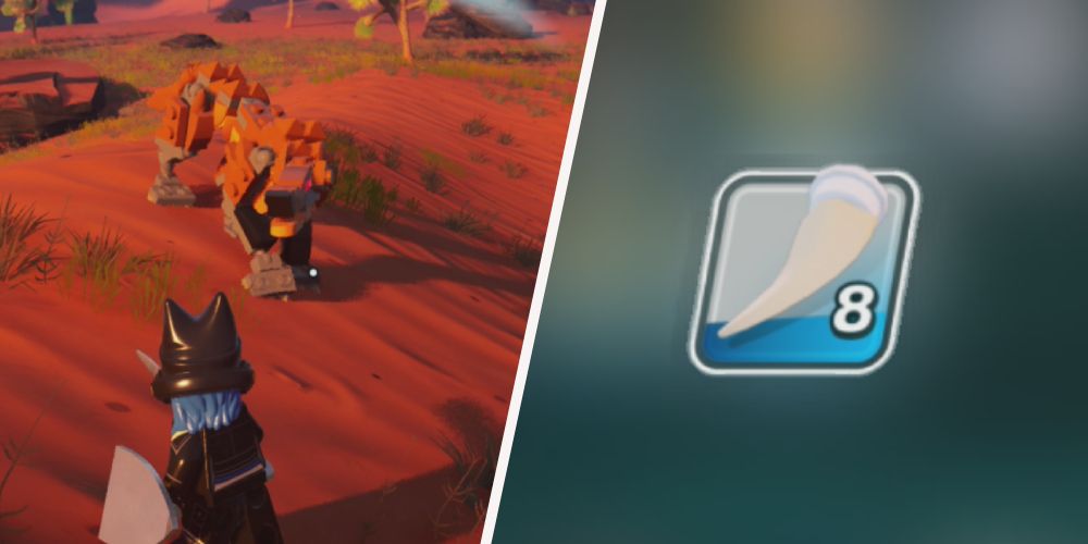 Lego Fortnite Odyssey: Left: fighting with a Sand Wolves, right: Sand Claws in inventory.