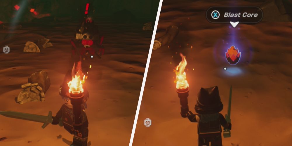 Lego Fortnite Odyssey: Left: Running from a Blaster, right: standing in front of Blast Core dropped by Blaster.