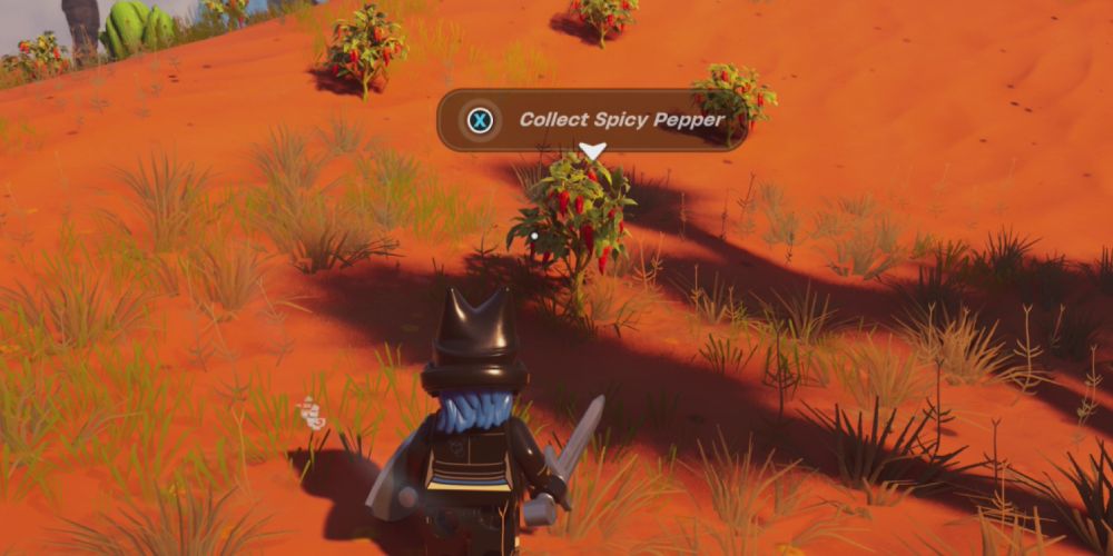 Lego Fortnite Odyssey: Standing by a Spicy Pepper bush.