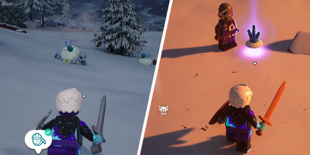 Lego Fortnite: Left: Sneaking up to a Frost Roller, right: Frost Shell dropped by the Frost Roller