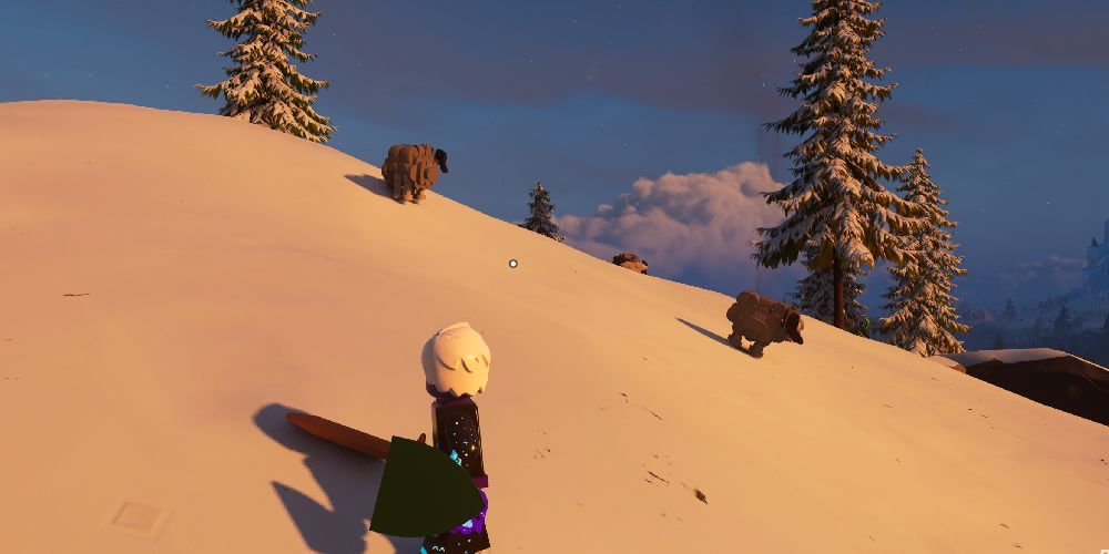 Lego Fortnite Odyssey: Standing on a hill with rams in the Frostlands.