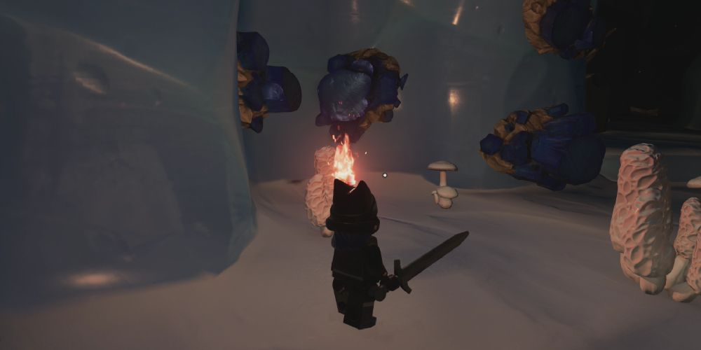 Lego Fortnite Odyssey: Standing by some sapphire clusters in an Ice Cave.