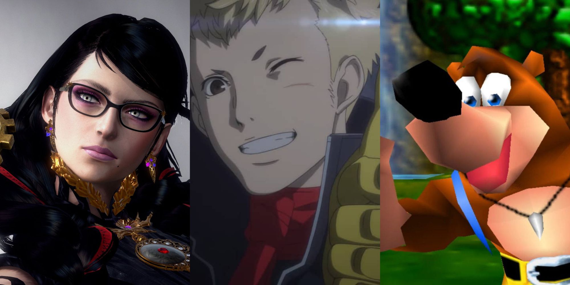 bayonetta, ryuji and banjo in a collage