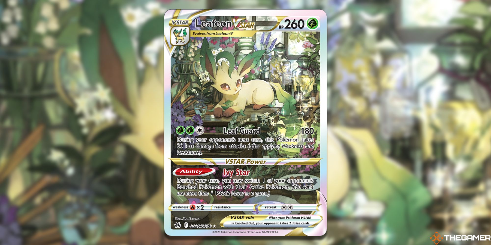 Image of the card Leafon VSTAR in Pokemon TCG, with art by Jiro Sasumo