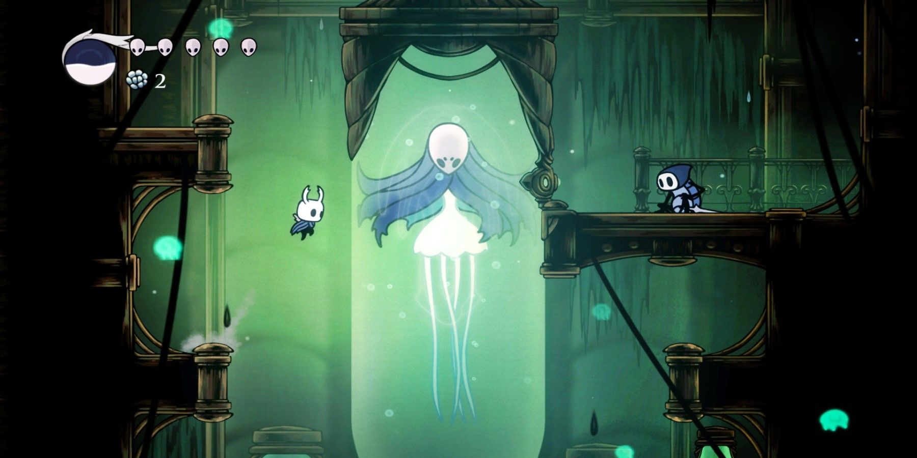 The Hollow Knight Protagonist Jumping From Platform To Platform In A Laboratory-Looking Area