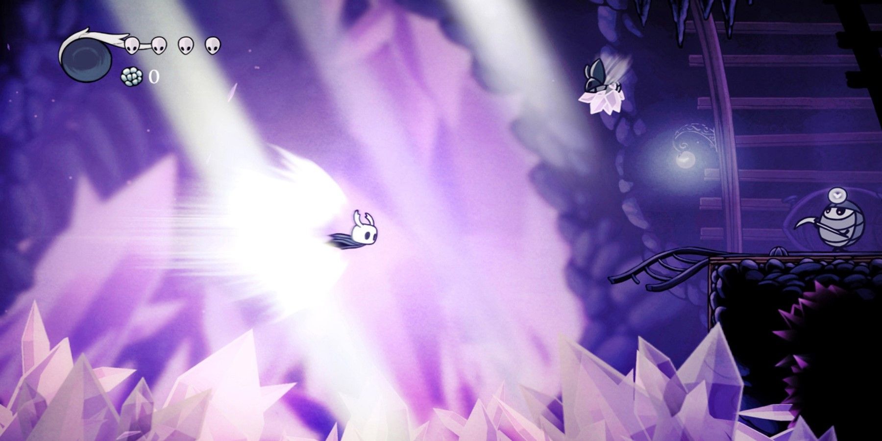 The Protagonist Of Hollow Knight Dashing Forward In A Crystal Area Throguh An Earned Ability