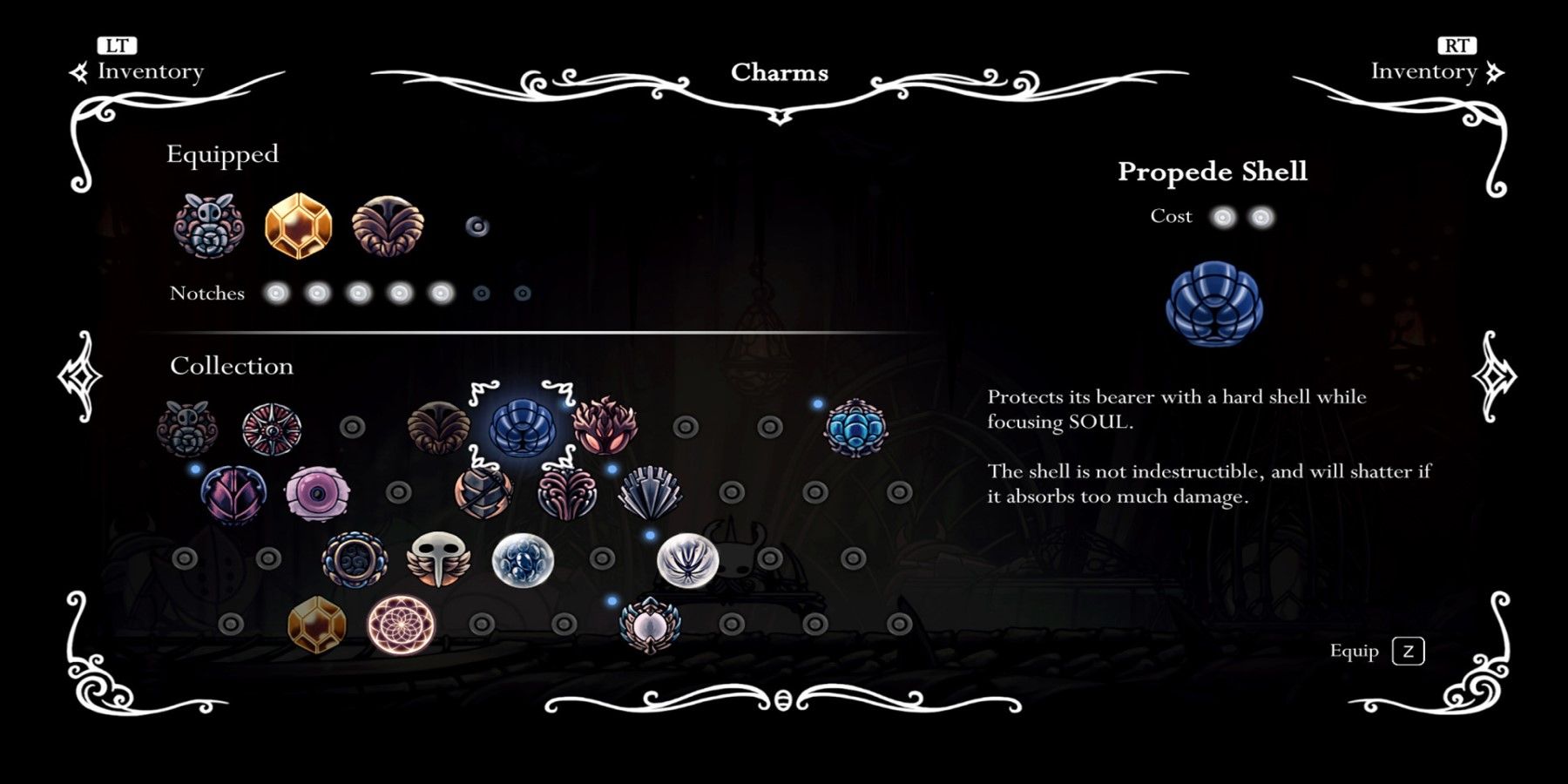 A Screenshot Of An Incomplete Collection Of Charms In Hollow Knight