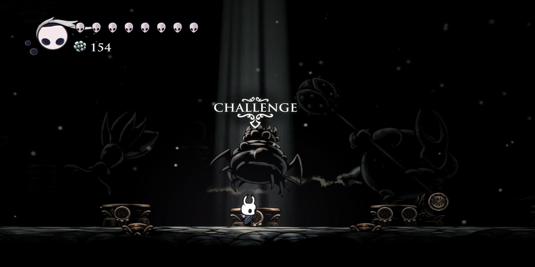 The Protagonist Of Hollow Knight Inspecting The Boss-Shaped Statues In The Game's Boss-Rush Area