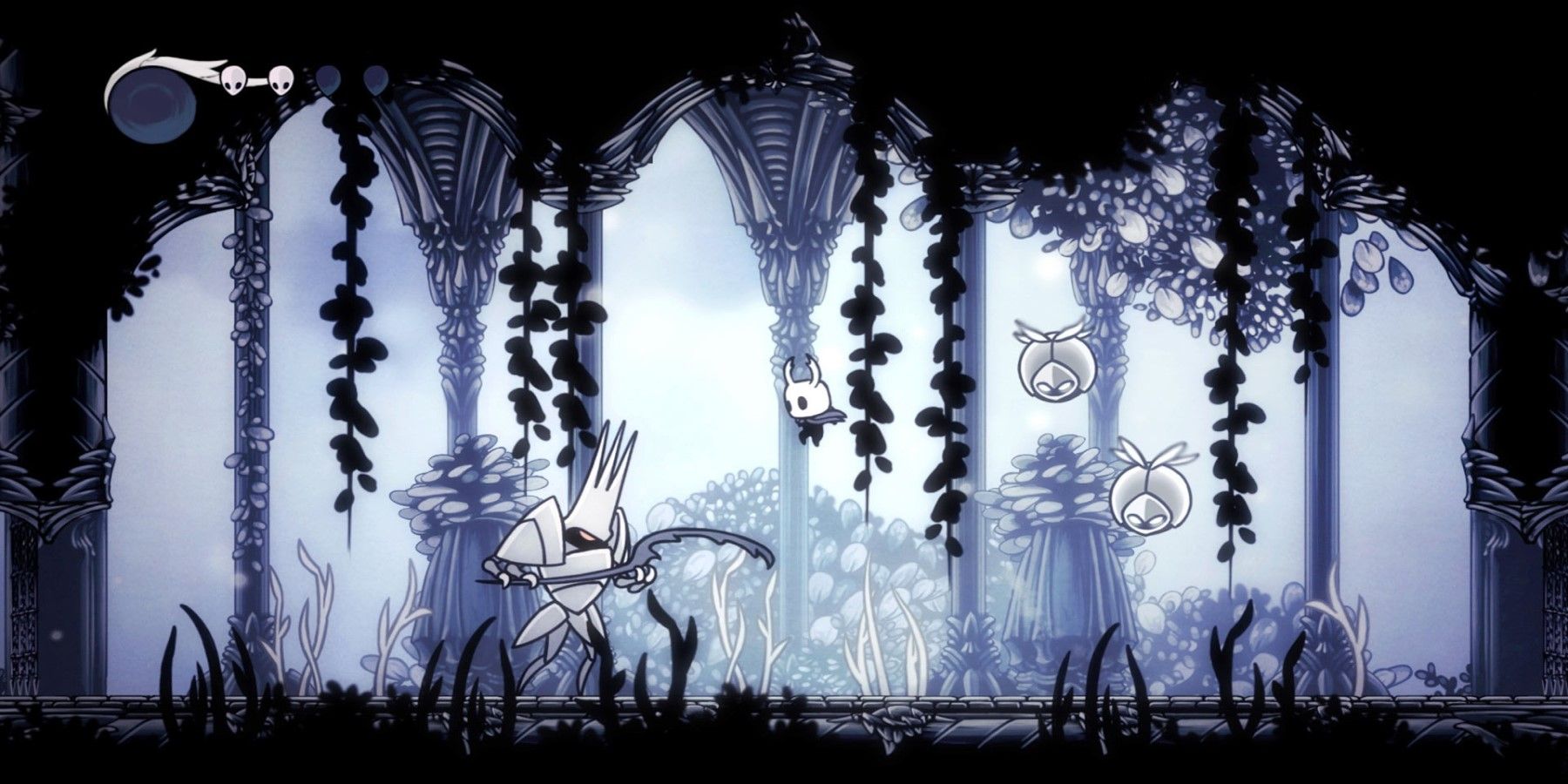 The Hollow Knight Protagonist Jumping In Between Enemies Within A Monochromatic Jungle Area