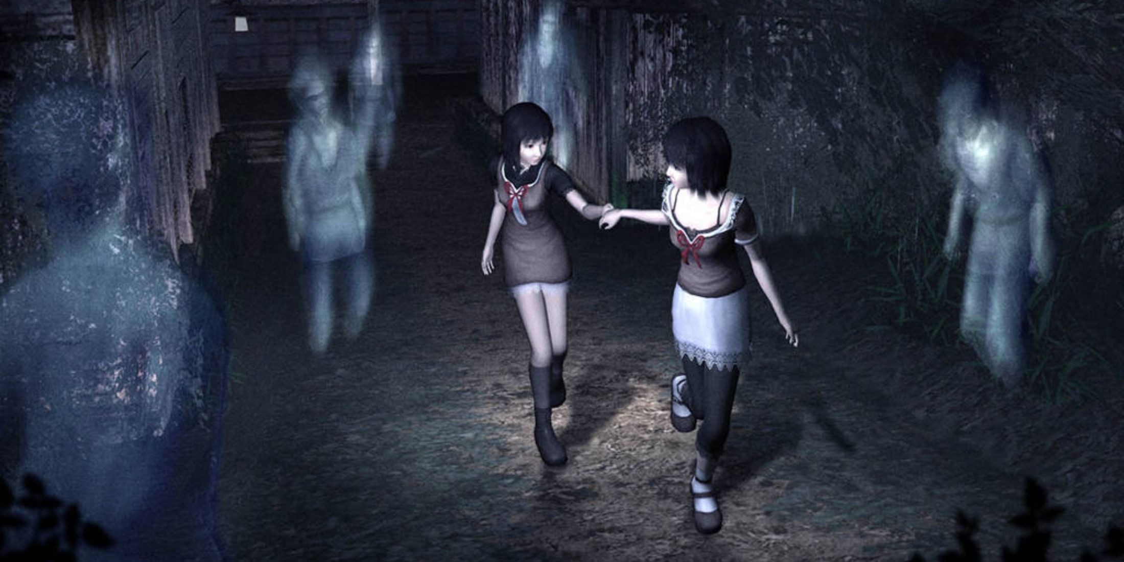 Fatal Frame 2: Crimson Butterfly Mio and Mayu avoiding Ghosts