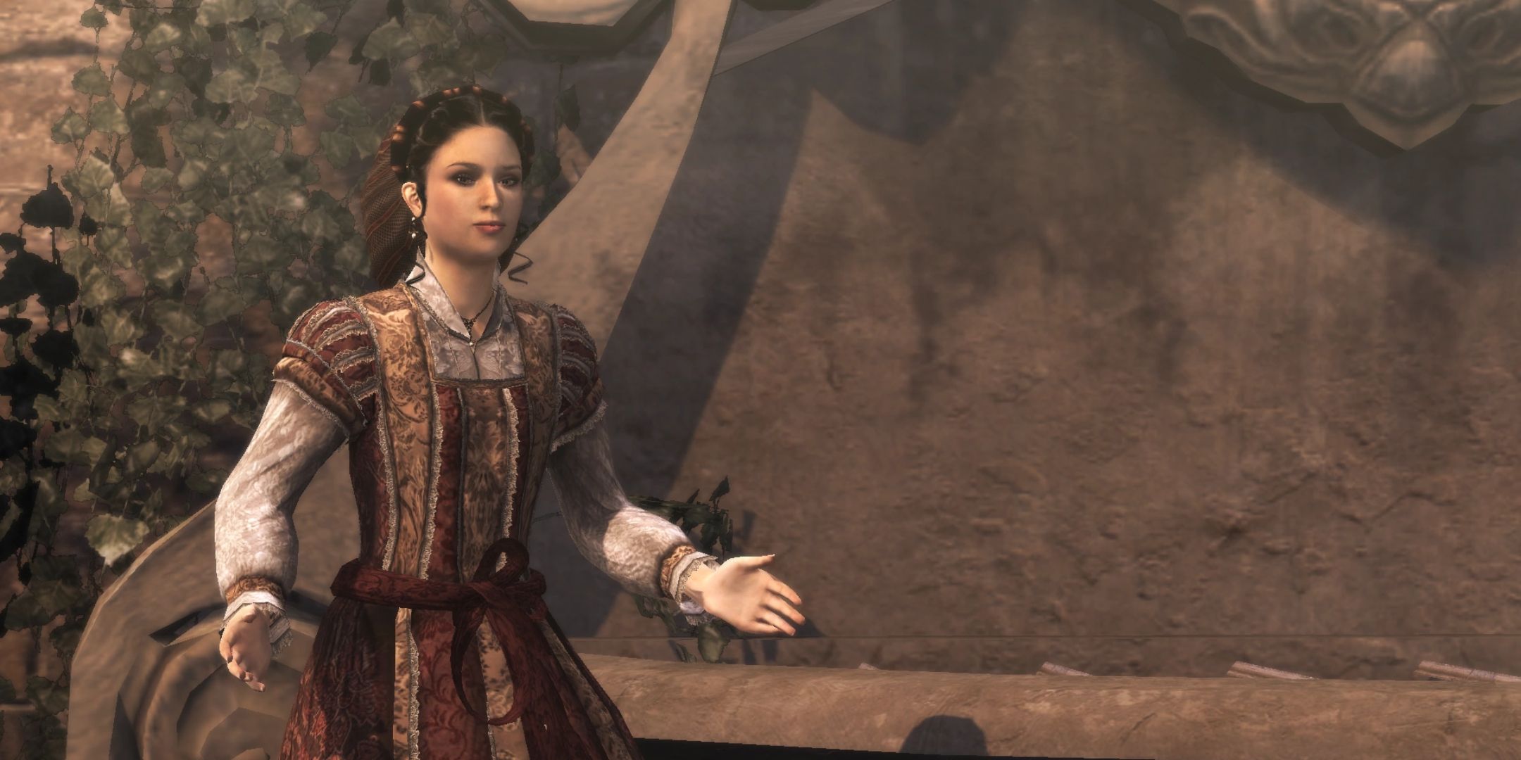 Assassin's Creed Brotherhood screenshot of Claudia with her arms out.