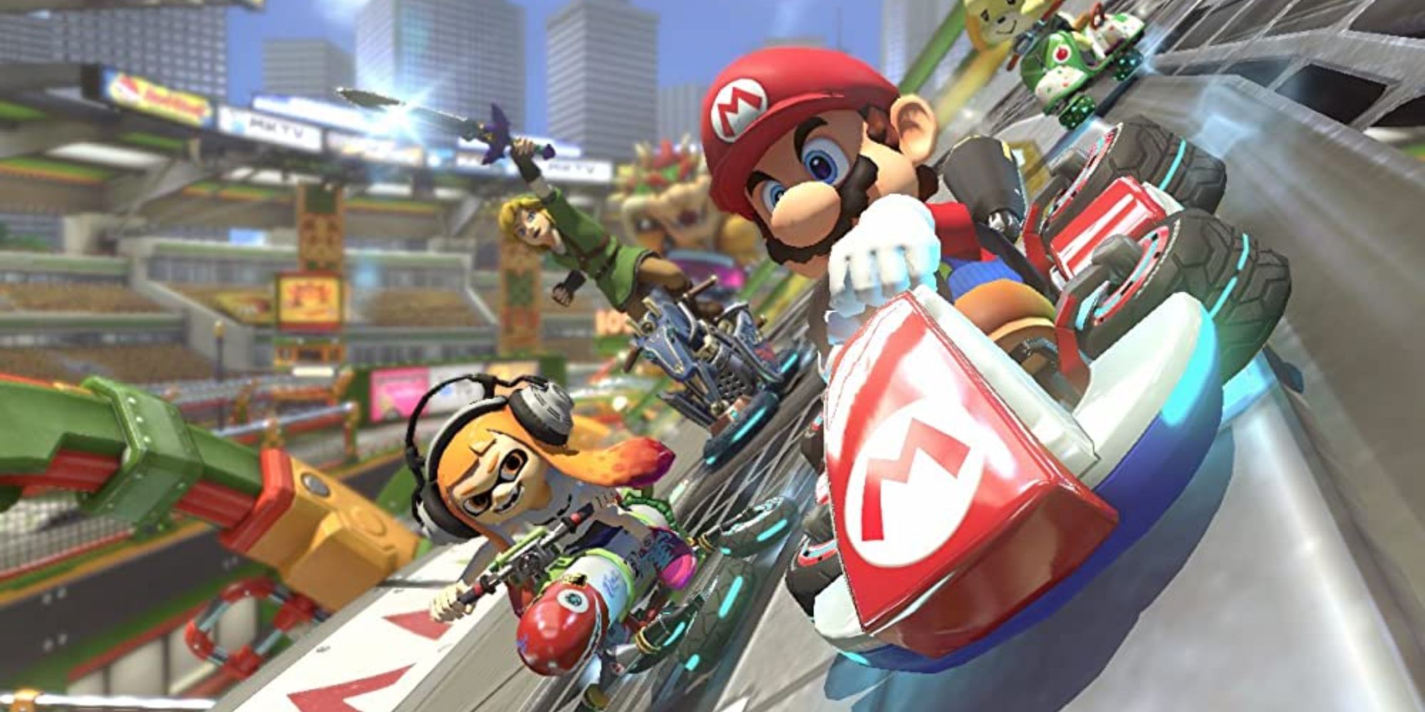 Mario Kart 8 mario racing against splatoon and other nintendo characters