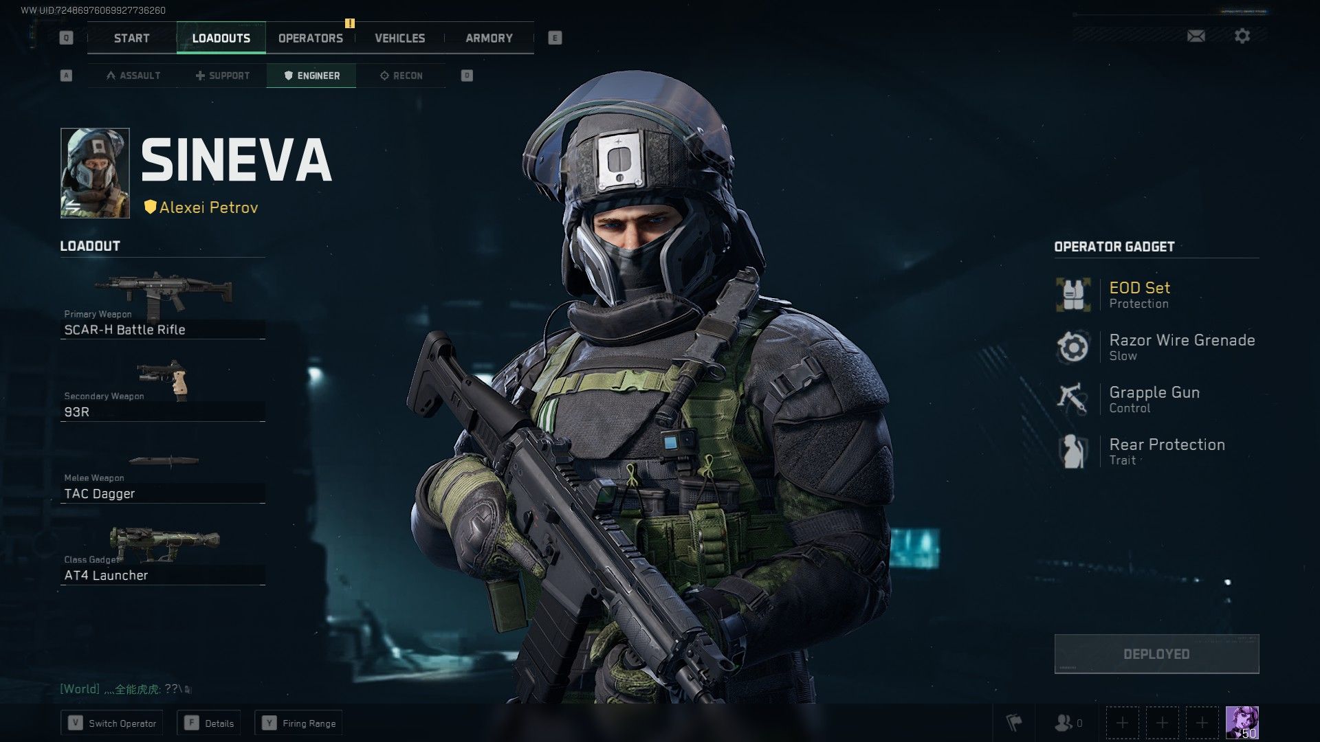 Sineva in Delta Force's loadout screen