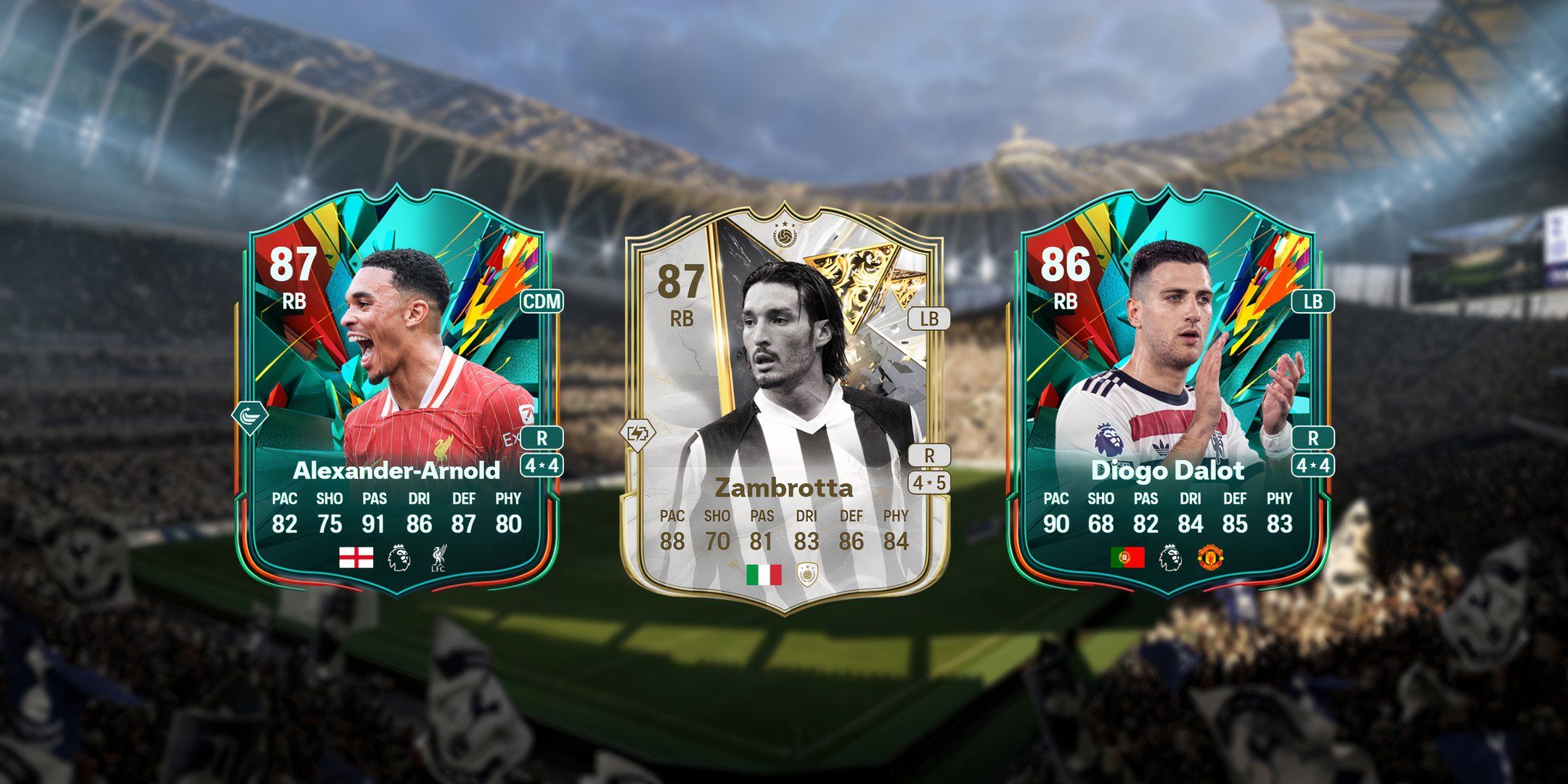 Trent Alexander-Arnold, Zambrotta, and Diogo Dalot's cards in EA Sports FC 25.