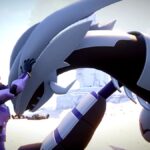 Palworld screenshot showing a young woman with tied-back red hair petting her Pal, a large white and purple Xenogard