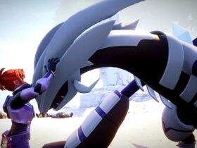 Palworld screenshot showing a young woman with tied-back red hair petting her Pal, a large white and purple Xenogard