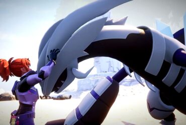 Palworld screenshot showing a young woman with tied-back red hair petting her Pal, a large white and purple Xenogard