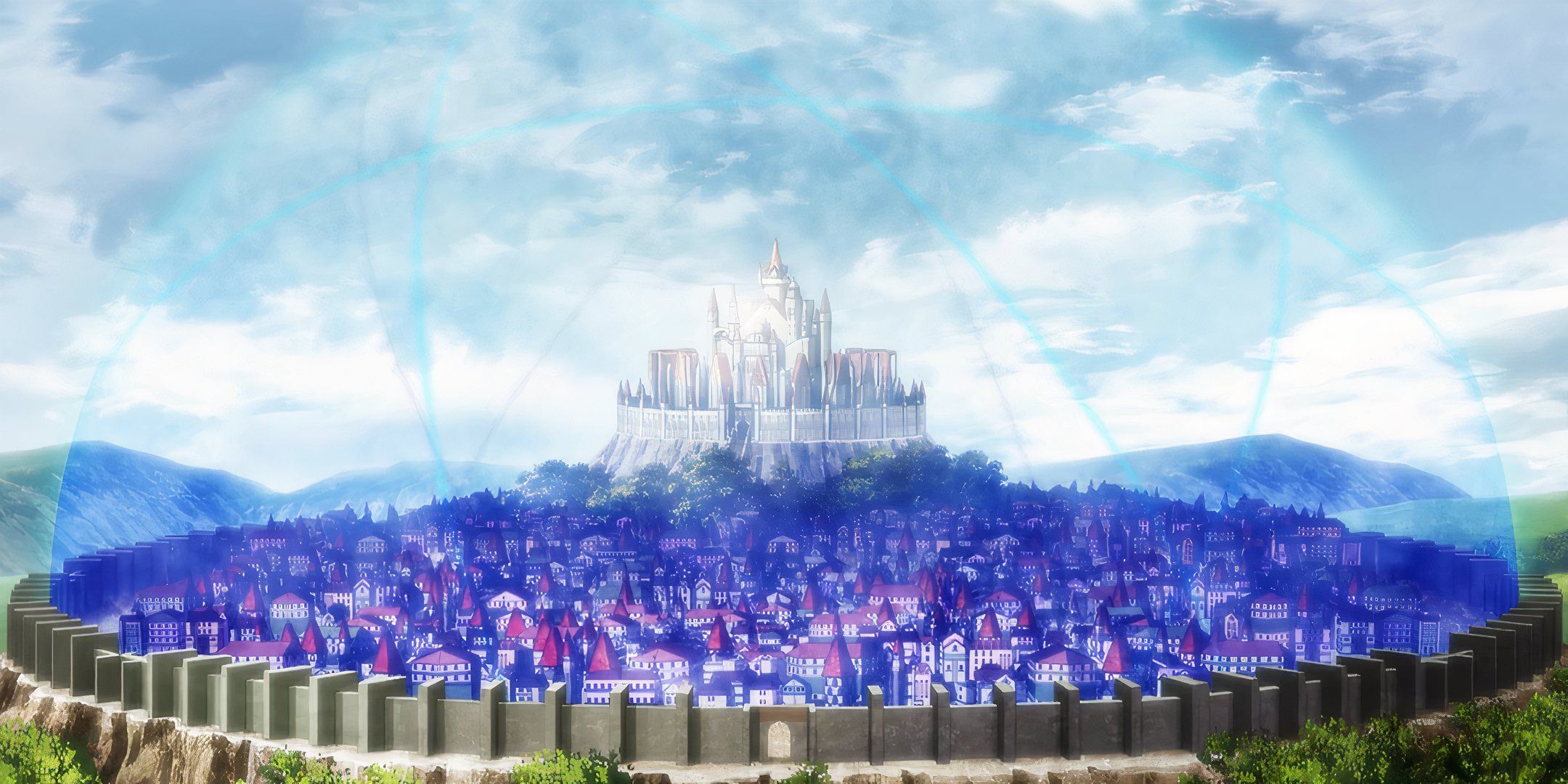 Screenshot of the Royal Capital with a visible forcefield from Black Clover.