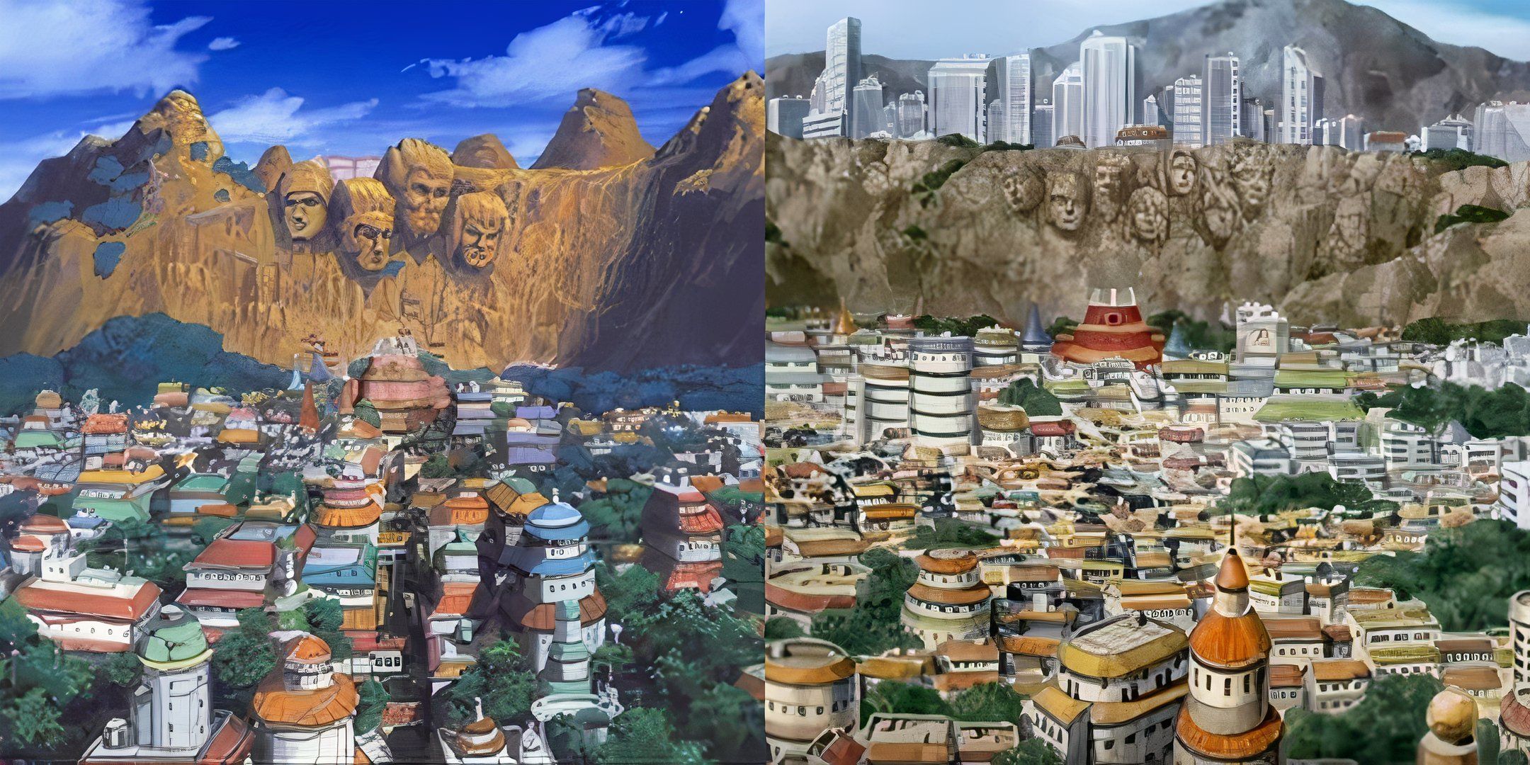 Split image of screenshots of Konoha Village from Naruto.