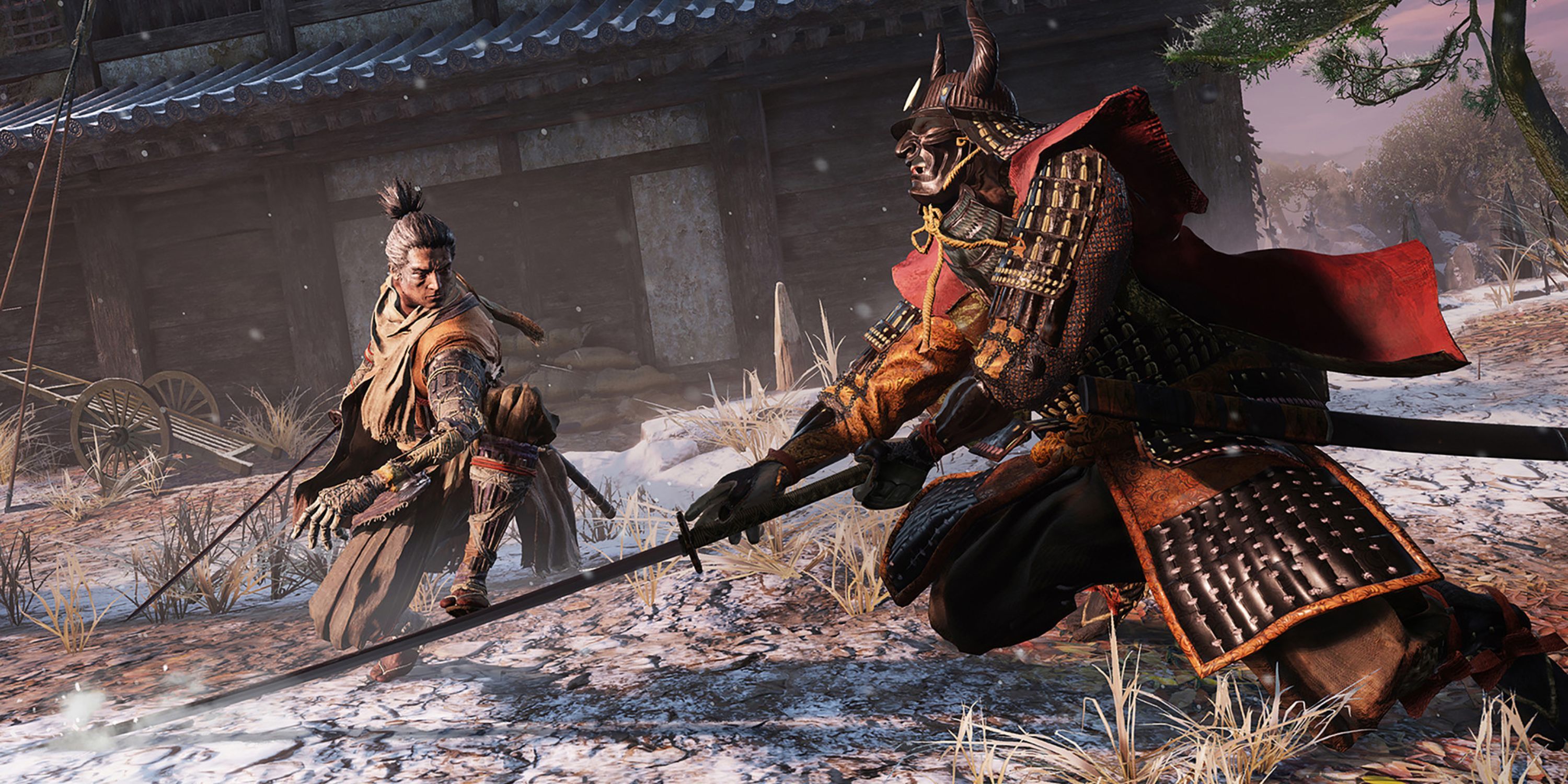 Wolf fights General Kuranosuke Matsumoto while it snows in Sekiro: Shadows Die Twice.