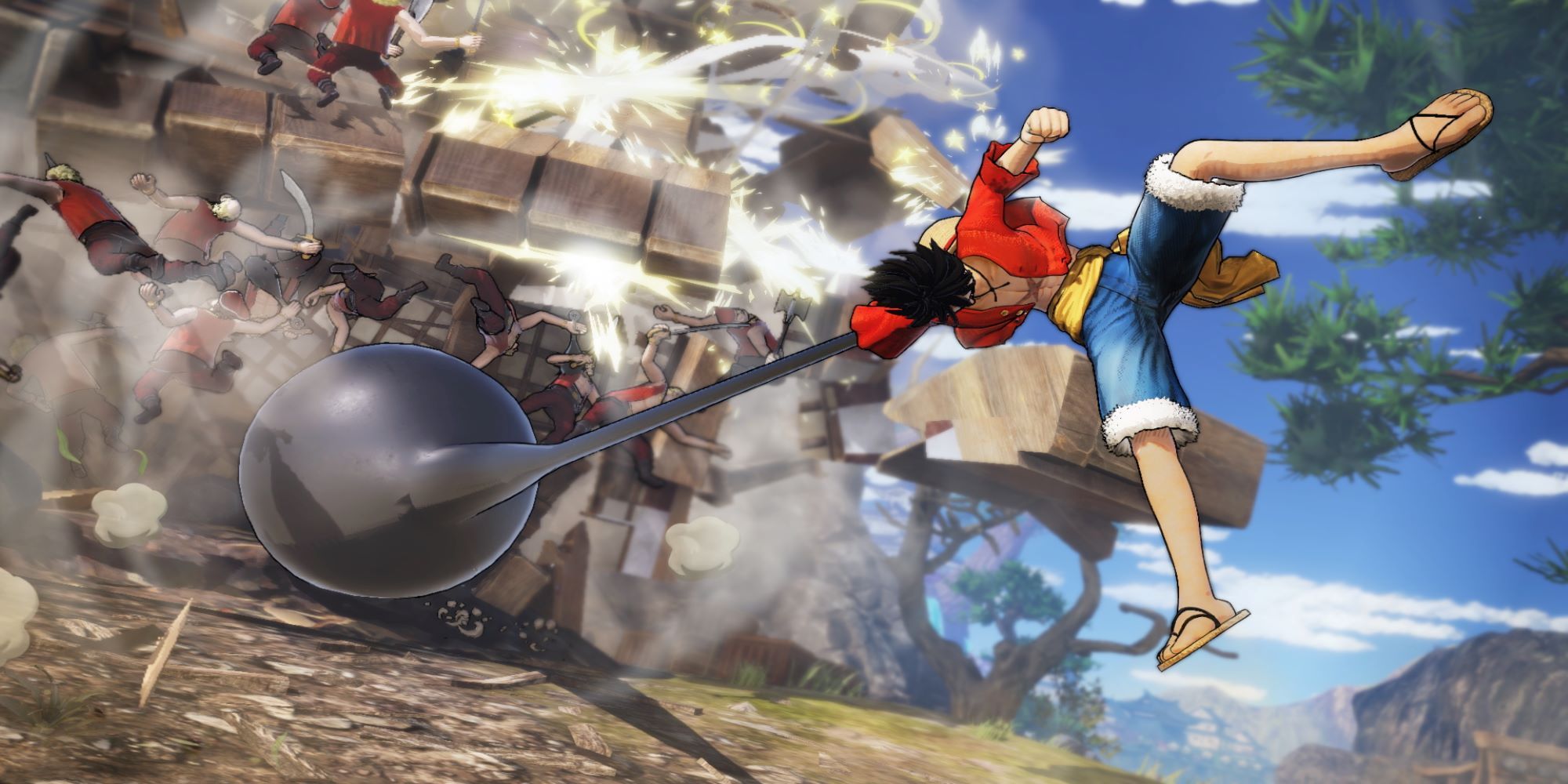 Luffy attacking enemies with his gum gum elephant gun in Pirate Warriors 4.