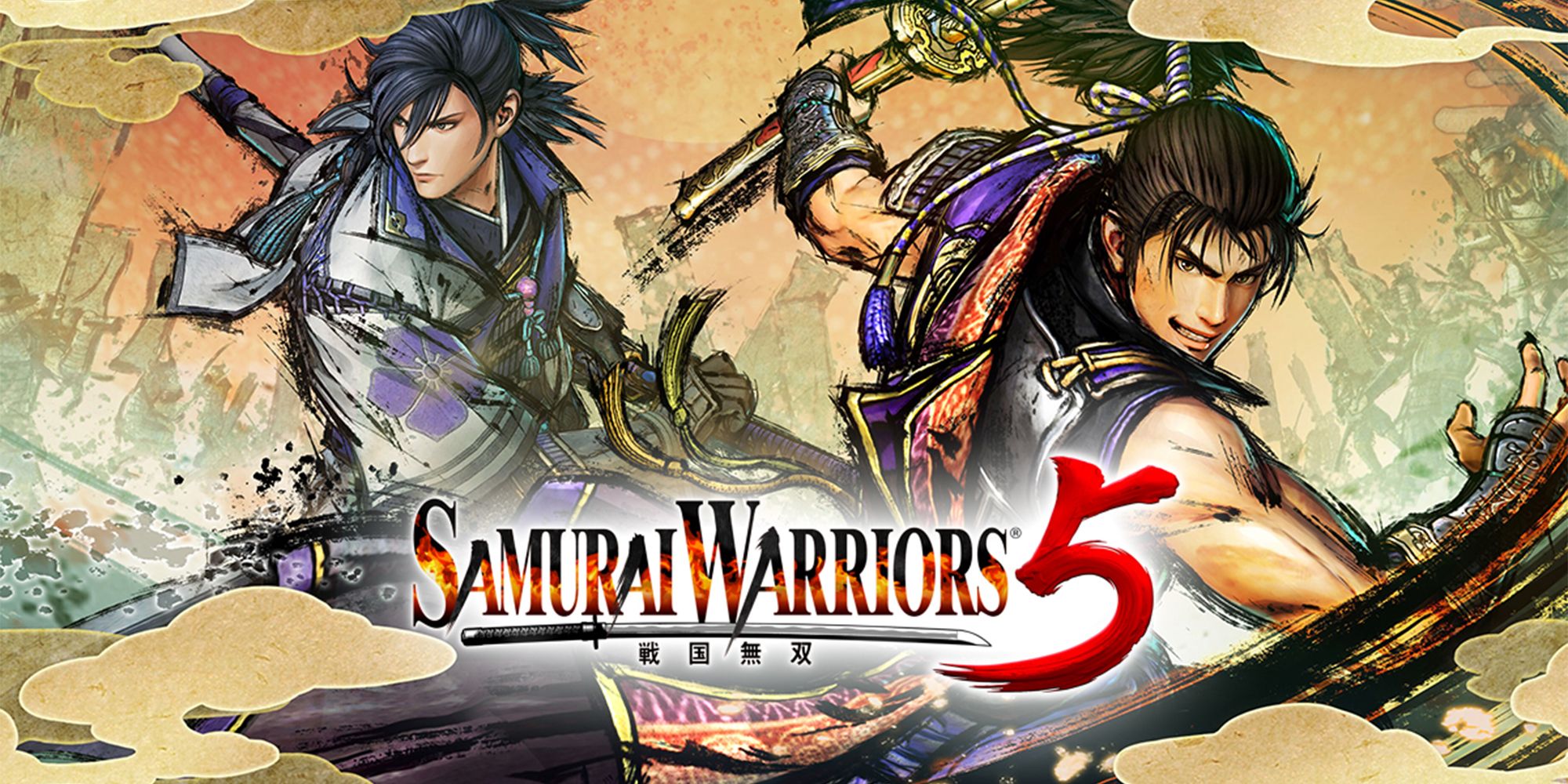 Samurai Warriors 5 key art and title featuring the game's two main characters, Oda Nobunaga and Akechi Mitsuhide.