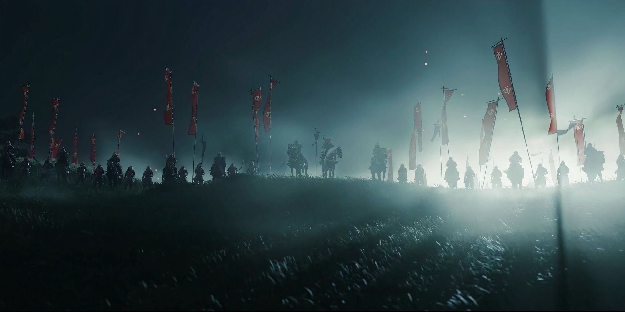  The army of Tsushima samurai is illuminated by moonlight during a night scene in Ghost of Tsushima.