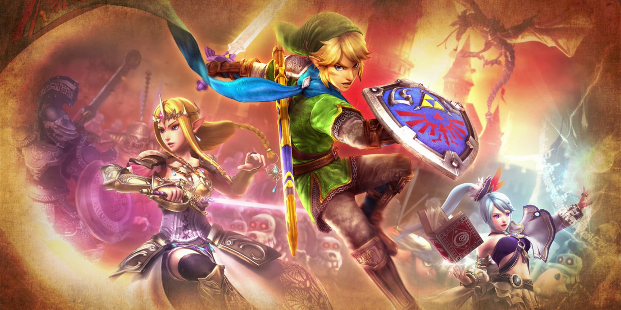 The main characters from Hyrule Warriors in action stances.