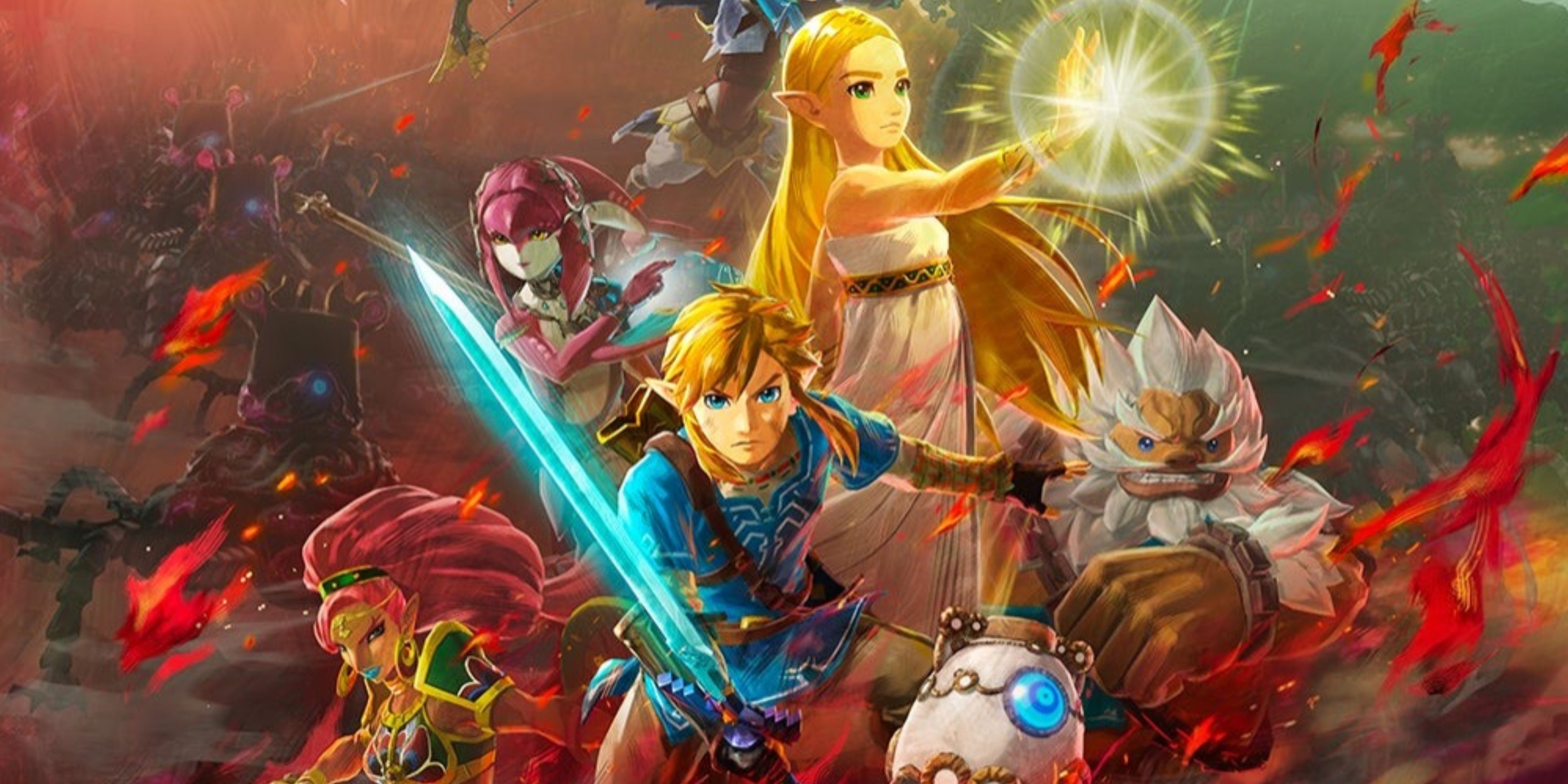 Hyrule Warriors: Age Of Calamity artwork of main characters in action poses.