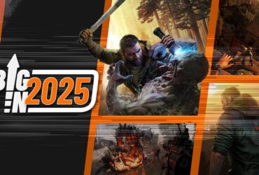 Dying Light: The Beast screenshot of protagonist Castor Wood fighting a zombie with a blade and torchlight next to the big in 2025 logo