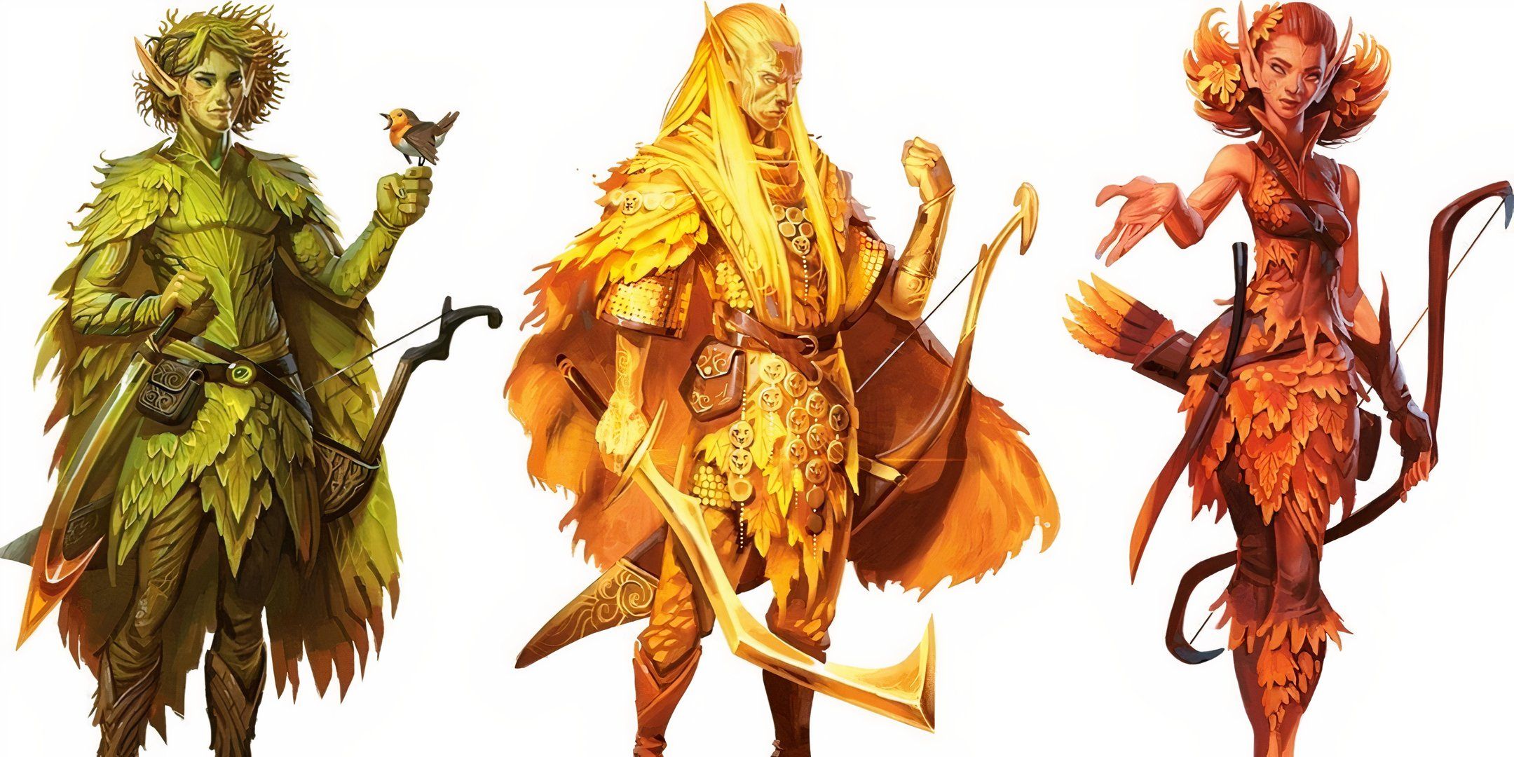 3 different types of eladrin elves standing side by side in Dungeons & Dragons. 