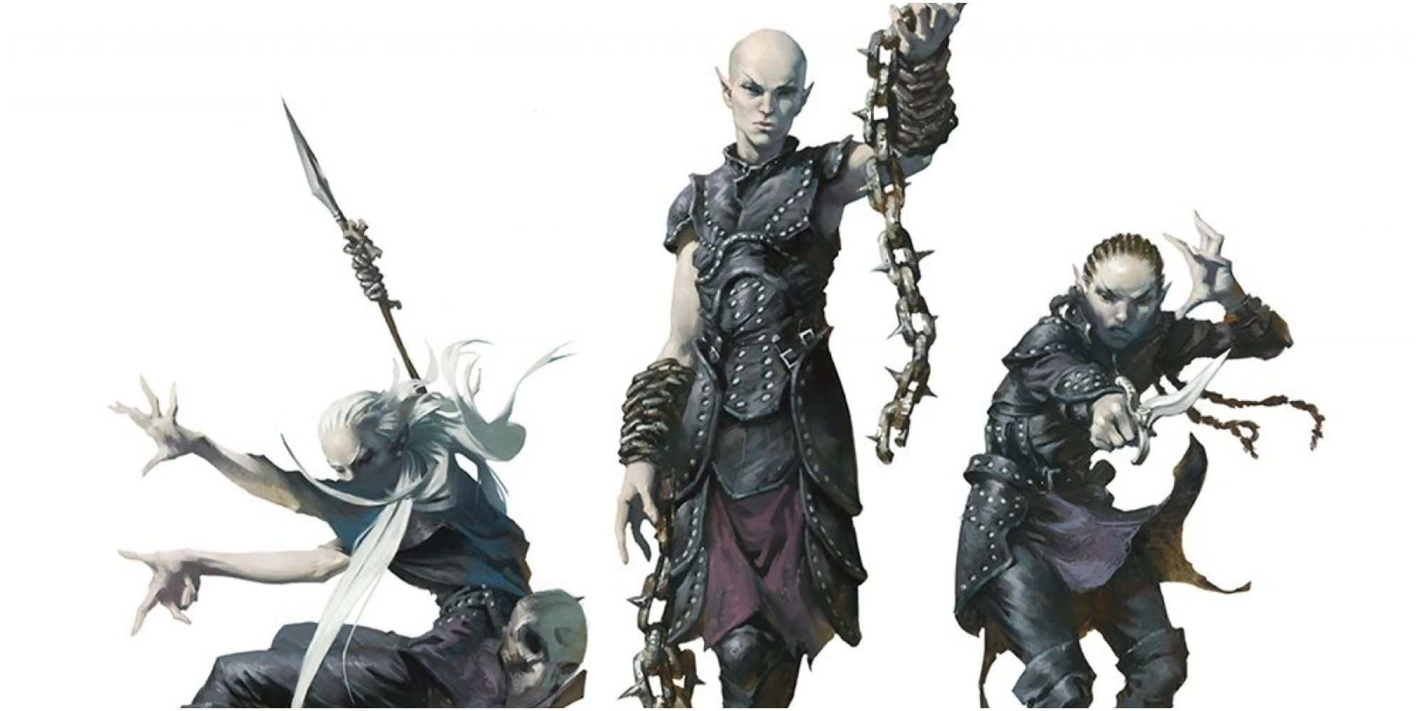 Three Shadar Kai present weapons, in a row. They wear black armor and have pale skin.