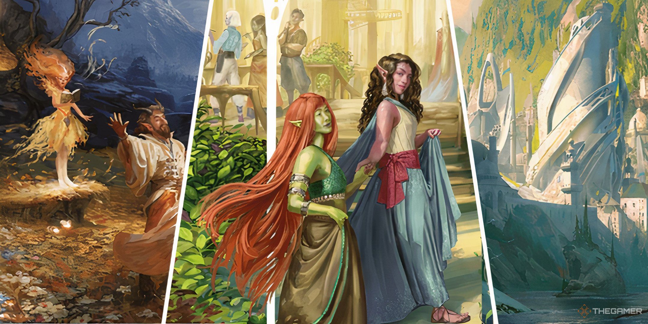 Split collage image of elves and their environments in Dungeons & Dragons.