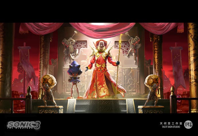 Sonic 3 film concept artwork showing Eggman in elaborate emperor outfit stood next to Metal Sonic