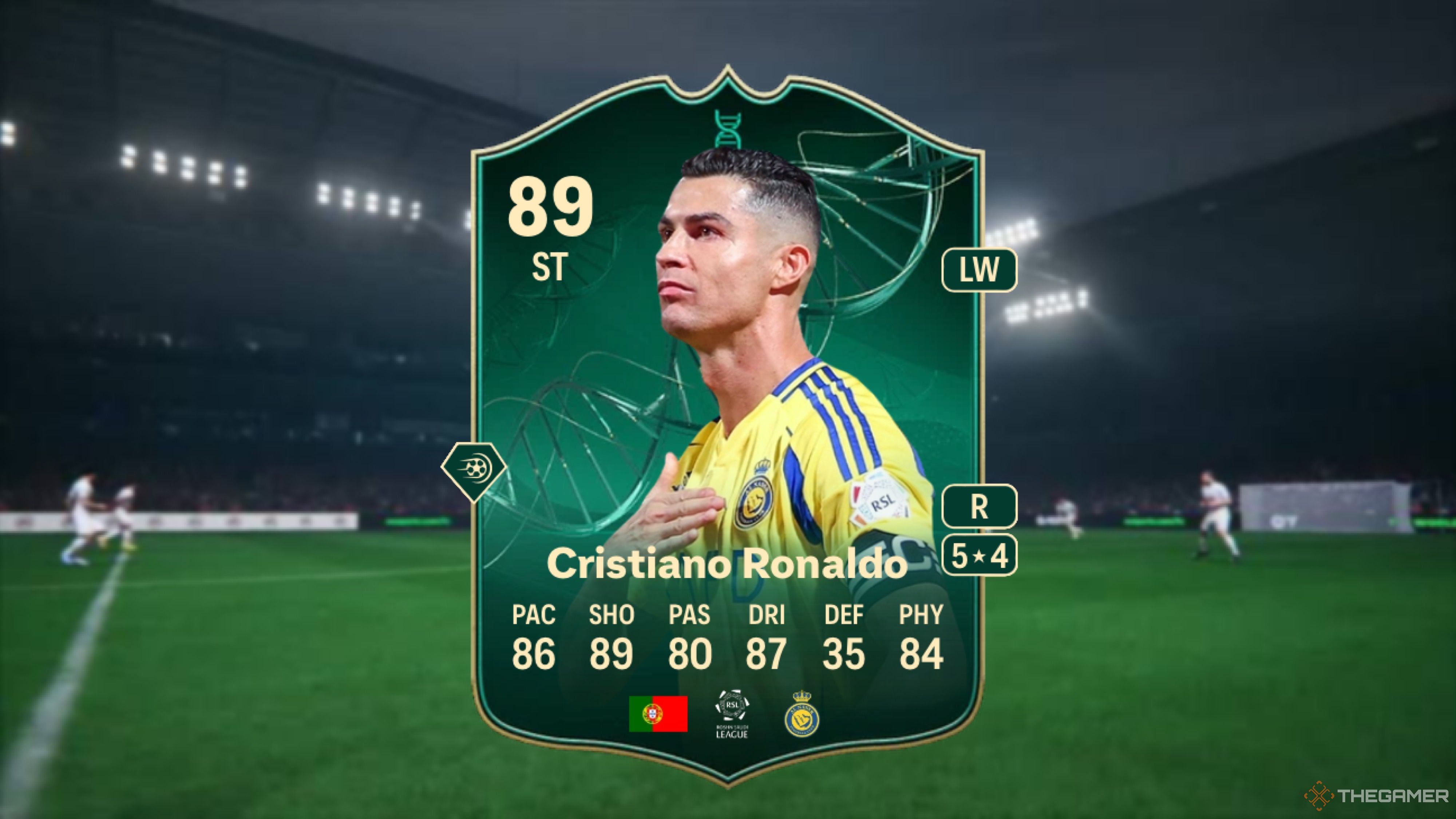 Image showing Ronaldo card against a faded pitch background.