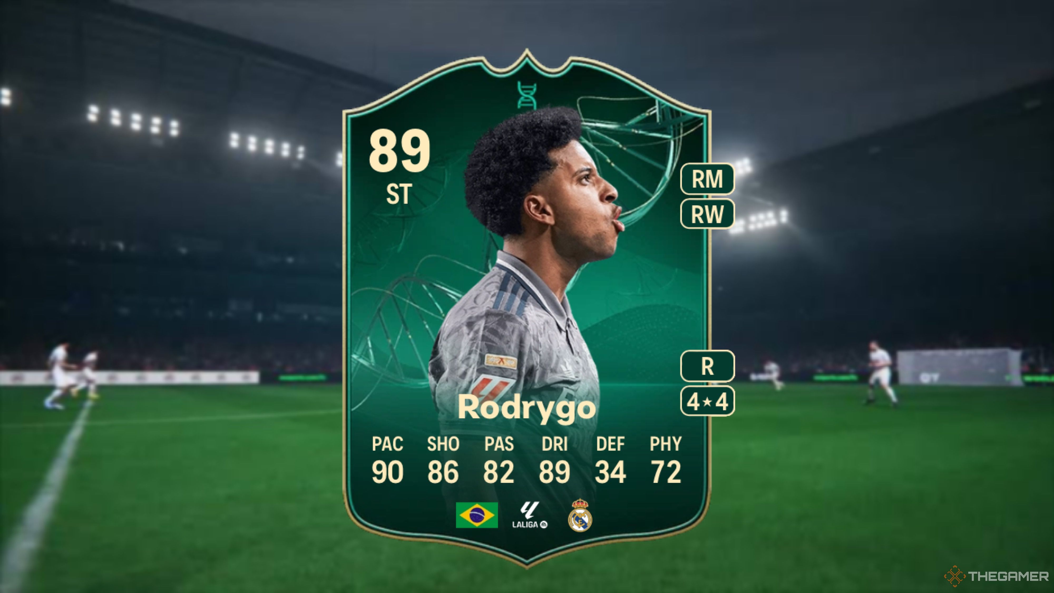 Image showing Rodrygo card against a faded pitch background.