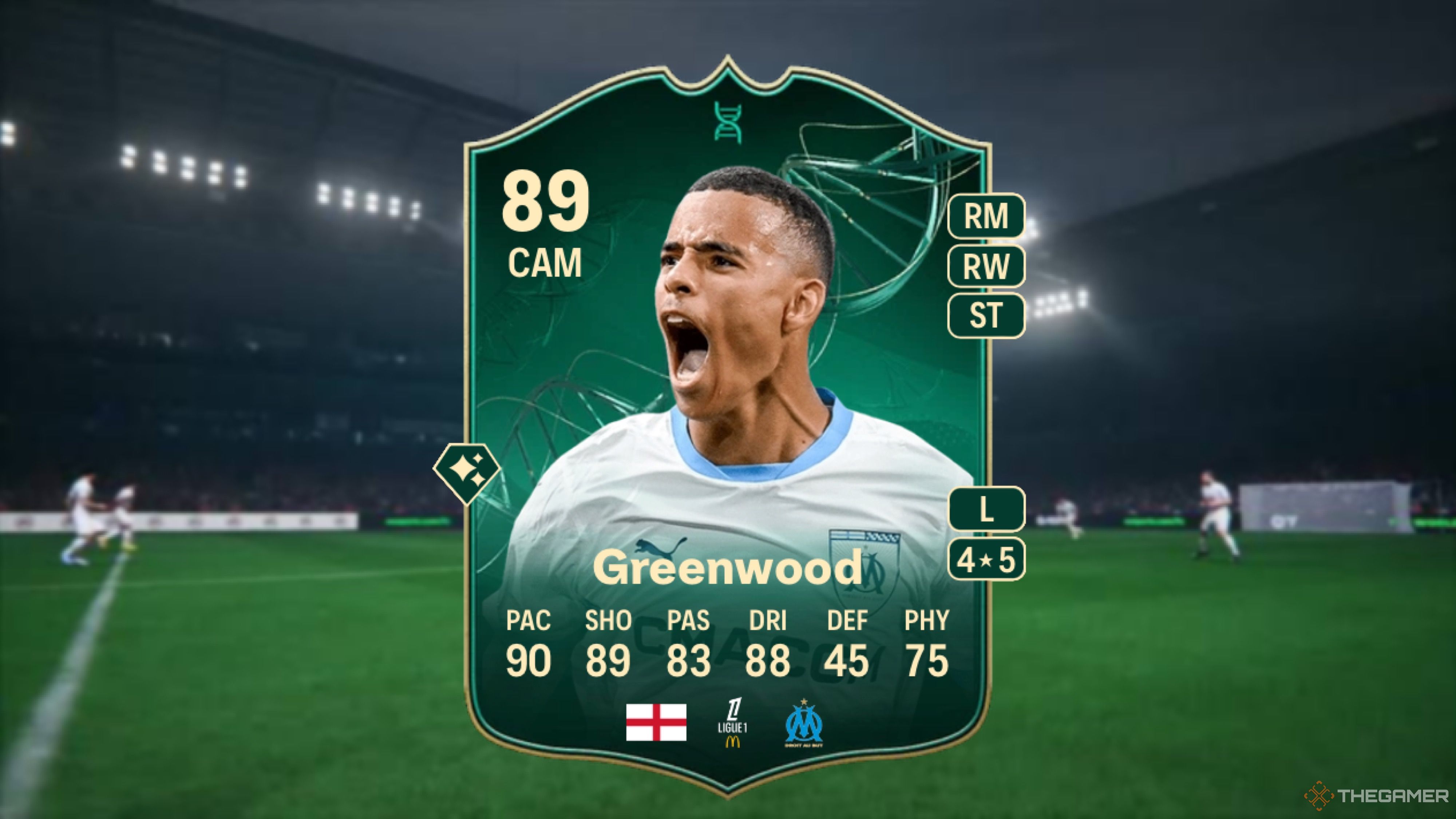 Image showing Greenwood card against a faded pitch background.