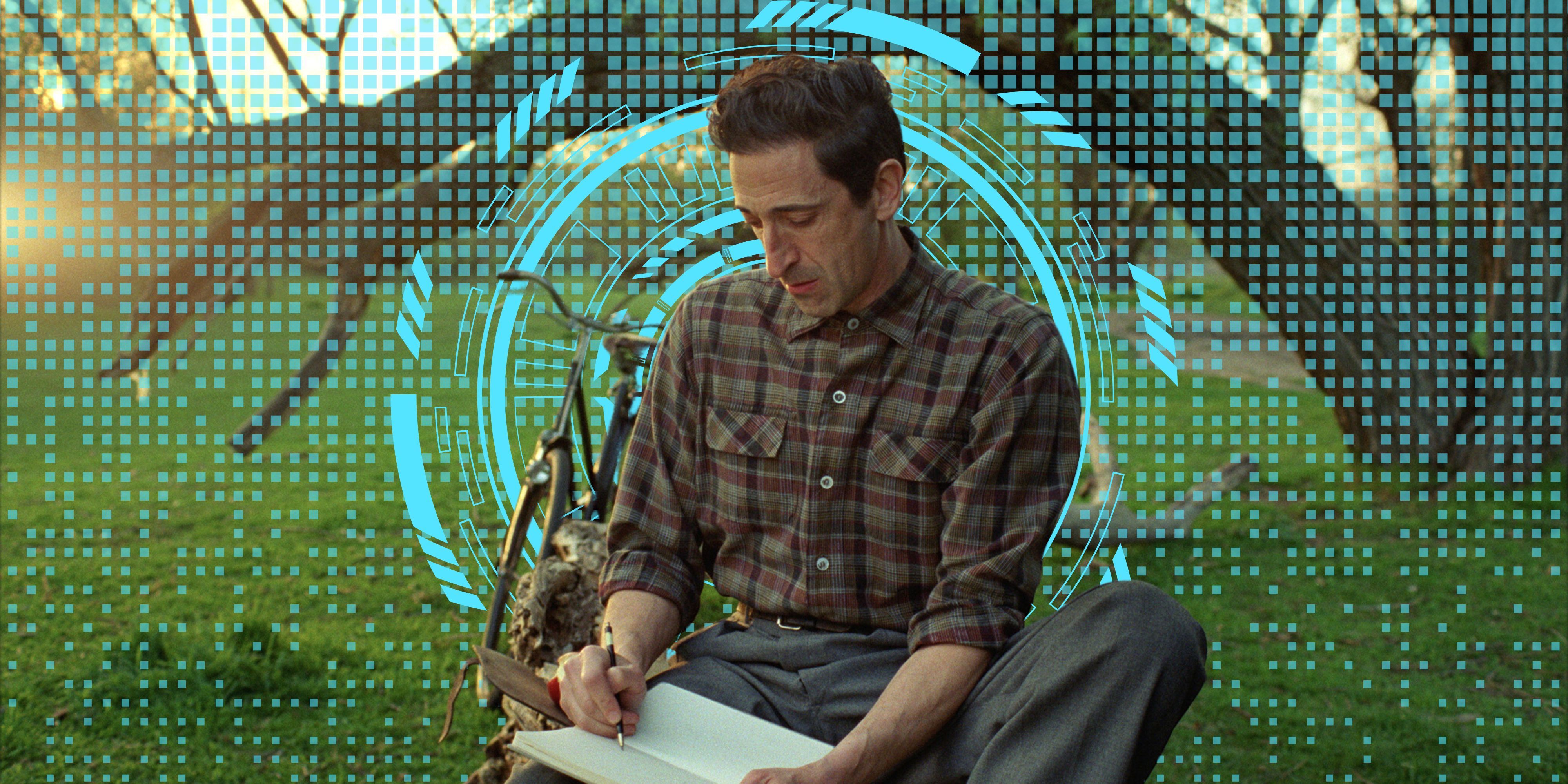 Adrien Brody with a sketch pad in The Brutalist