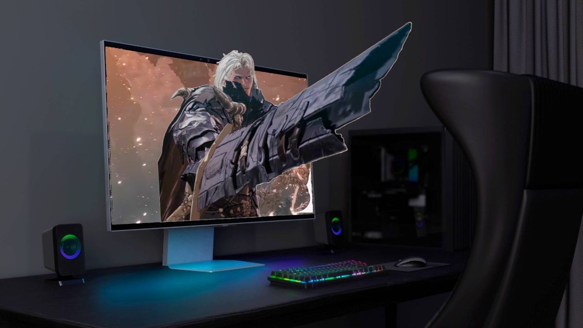 Samsung Odyssey 3D monitor on desk with The First Berzerker: Khazan graphics reaching out of screen