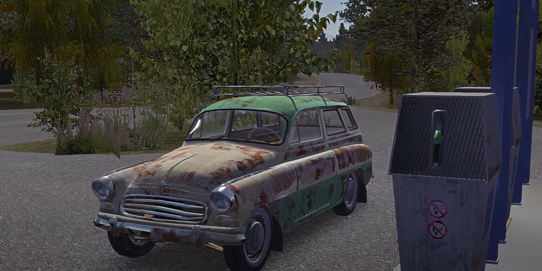 A Ruscko parked next to the fuel station in My Summer Car.